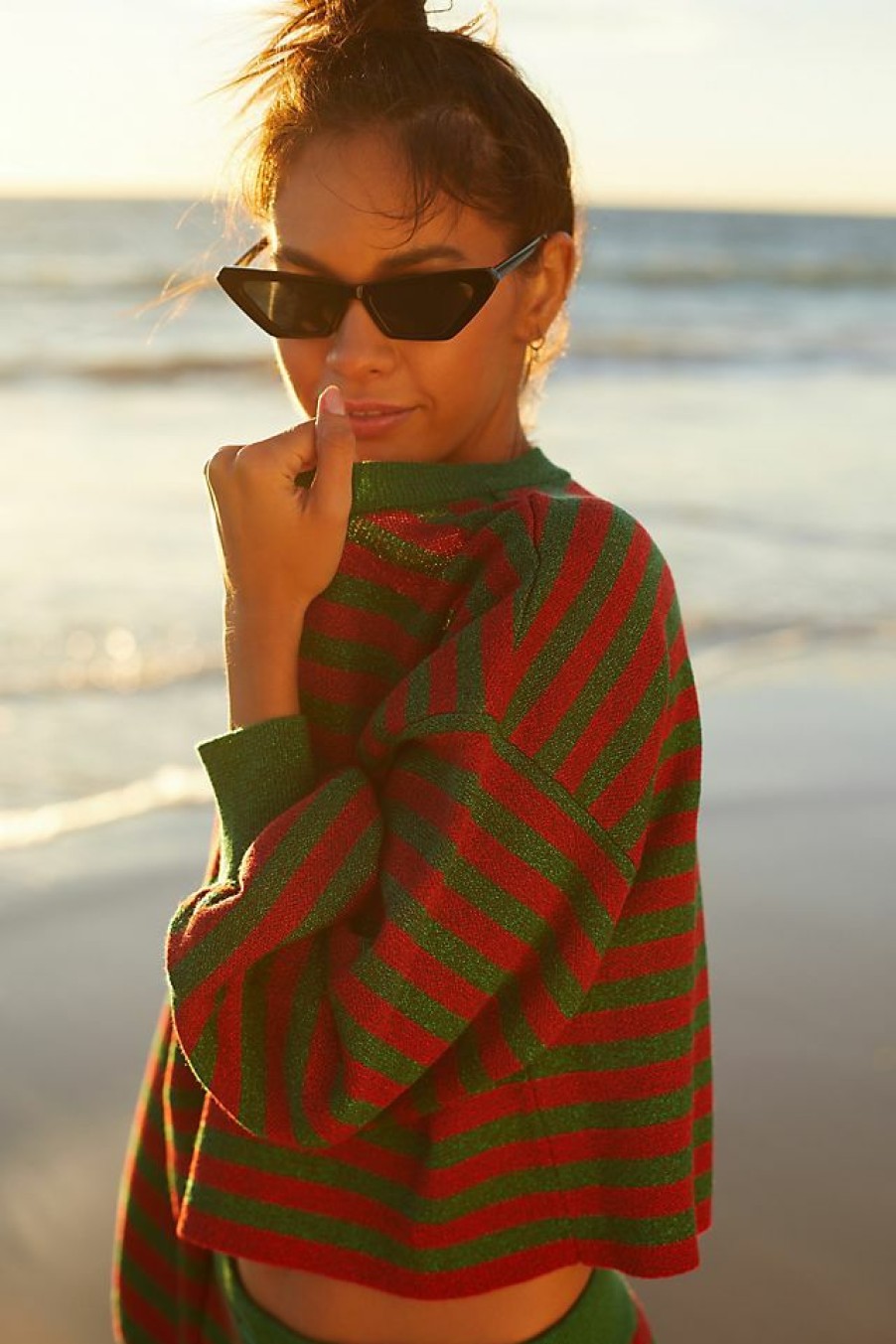 Getaway & Resort Wear * | Best Sale Beach Riot Ava Holiday Glitter Stripe Sweater Dark Red