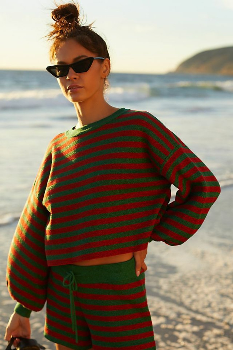 Getaway & Resort Wear * | Best Sale Beach Riot Ava Holiday Glitter Stripe Sweater Dark Red