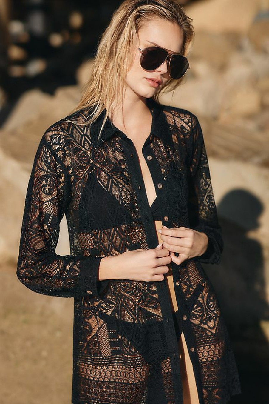 Getaway & Resort Wear * | Wholesale By Anthropologie Lace Buttondown Black