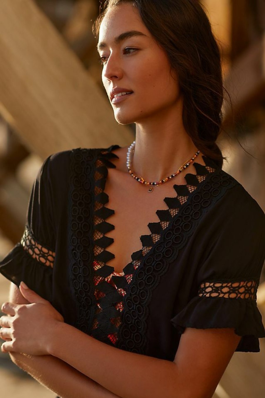 Getaway & Resort Wear * | Outlet Peixoto Embroidered Lace Cover-Up Mini Dress Black