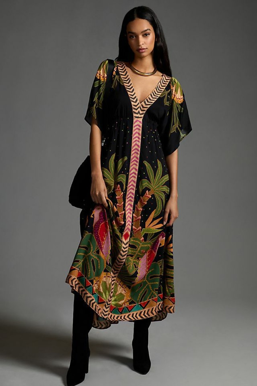 Getaway & Resort Wear * | Best Deal Farm Rio Farm X Anthropologie Printed V-Neck Maxi Dress Black Motif