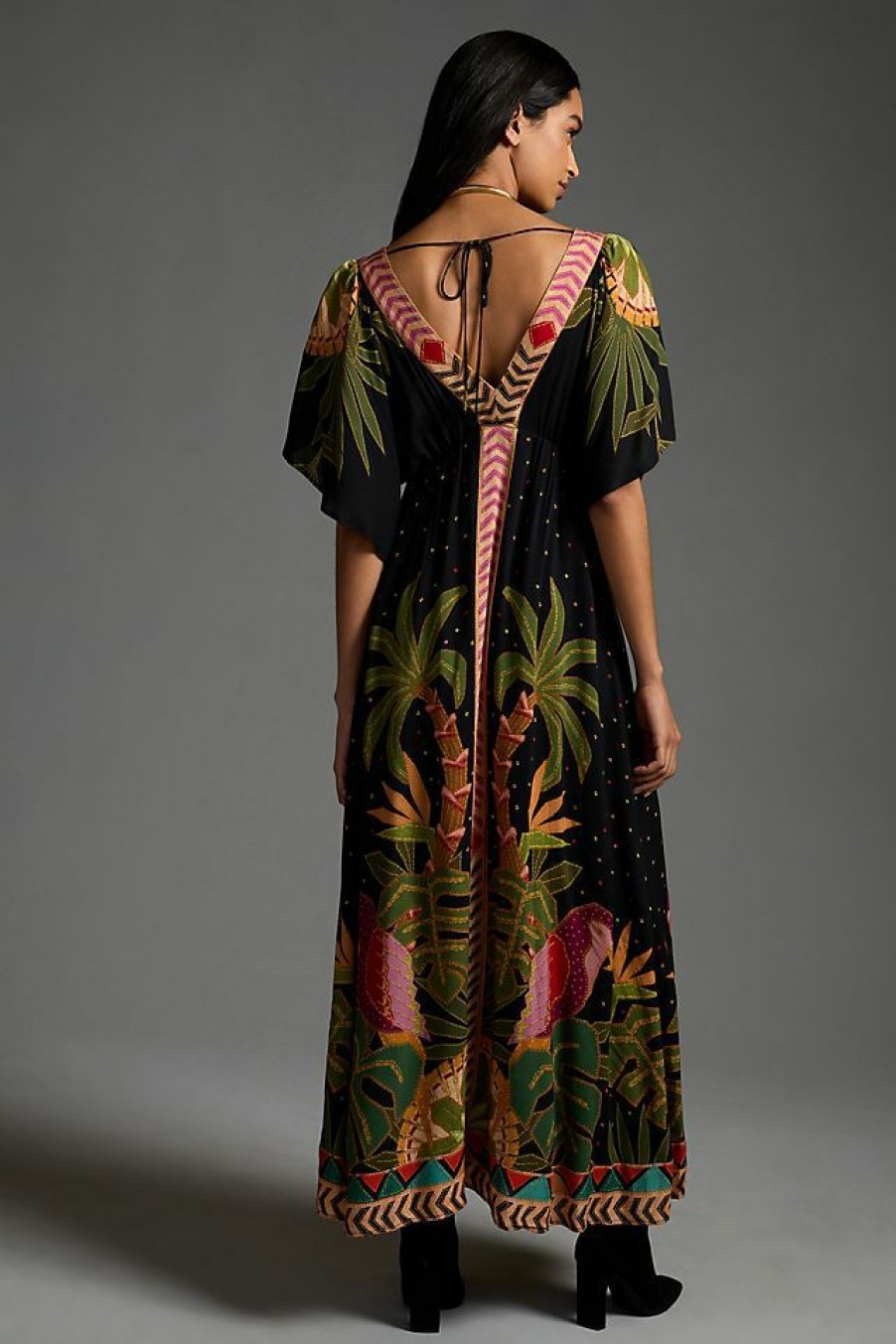 Getaway & Resort Wear * | Best Deal Farm Rio Farm X Anthropologie Printed V-Neck Maxi Dress Black Motif