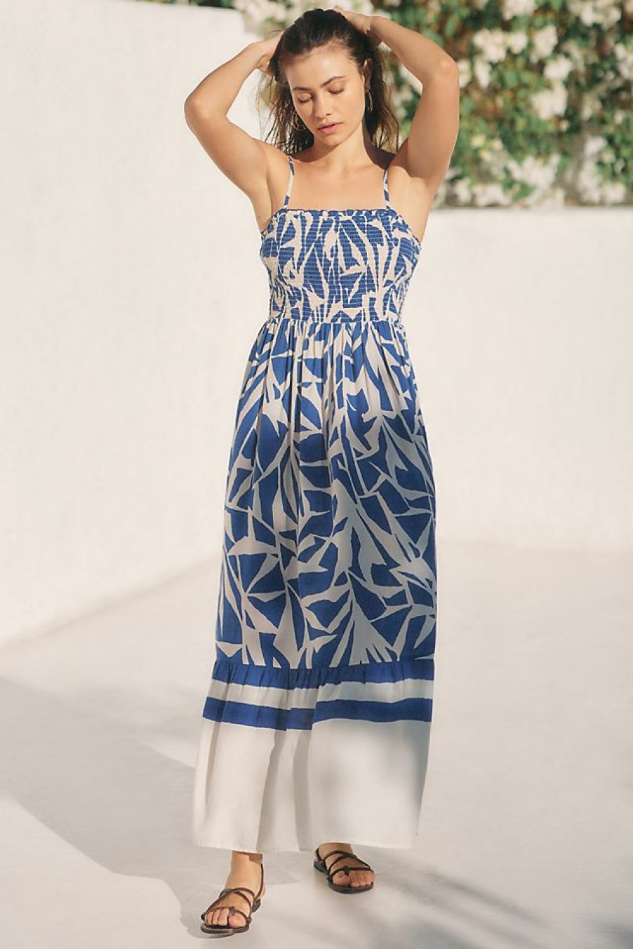 Getaway & Resort Wear * | Flash Sale By Anthropologie Smocked Maxi Dress Blue Motif