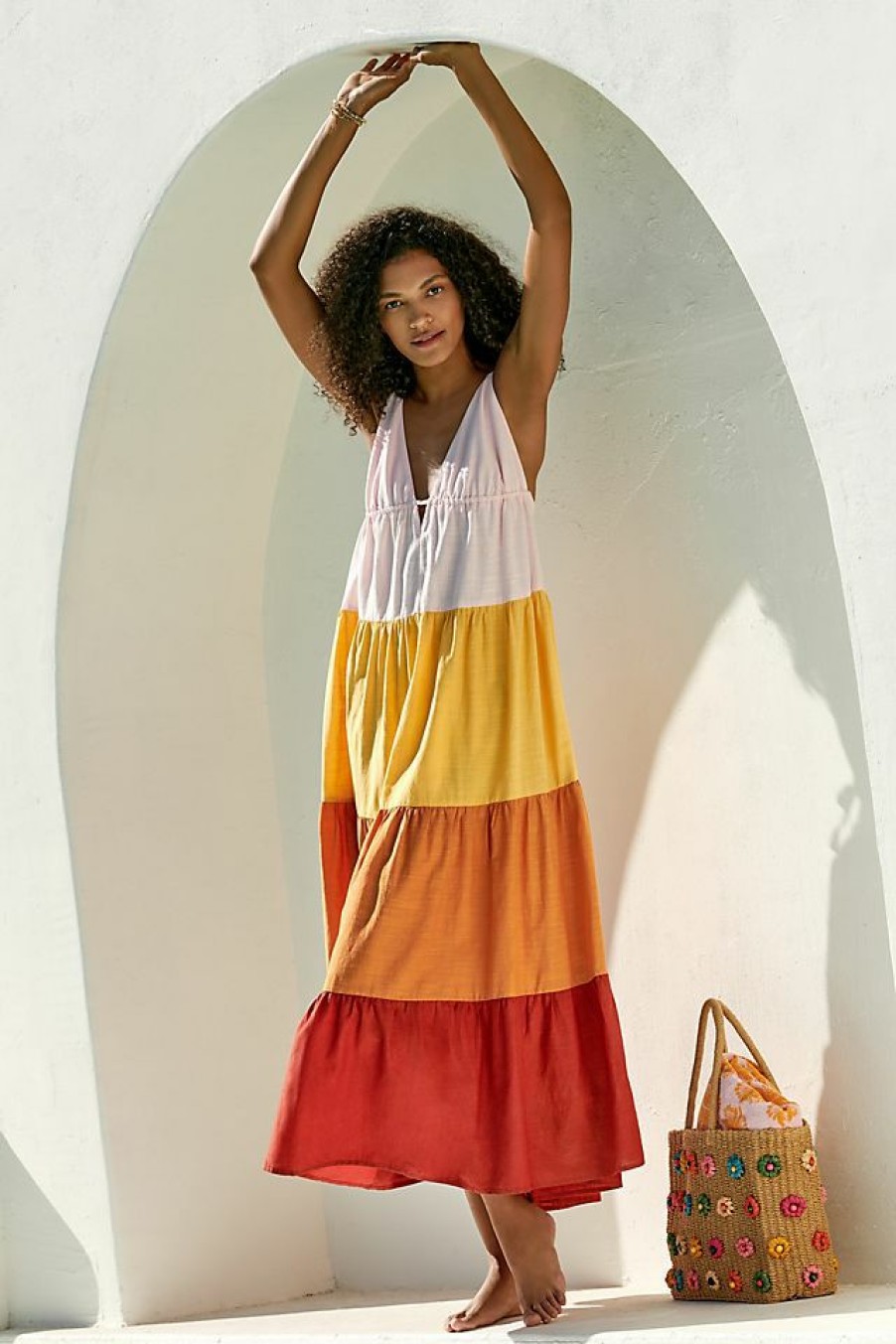 Getaway & Resort Wear * | Outlet By Anthropologie Colorblock Maxi Dress Orange Motif