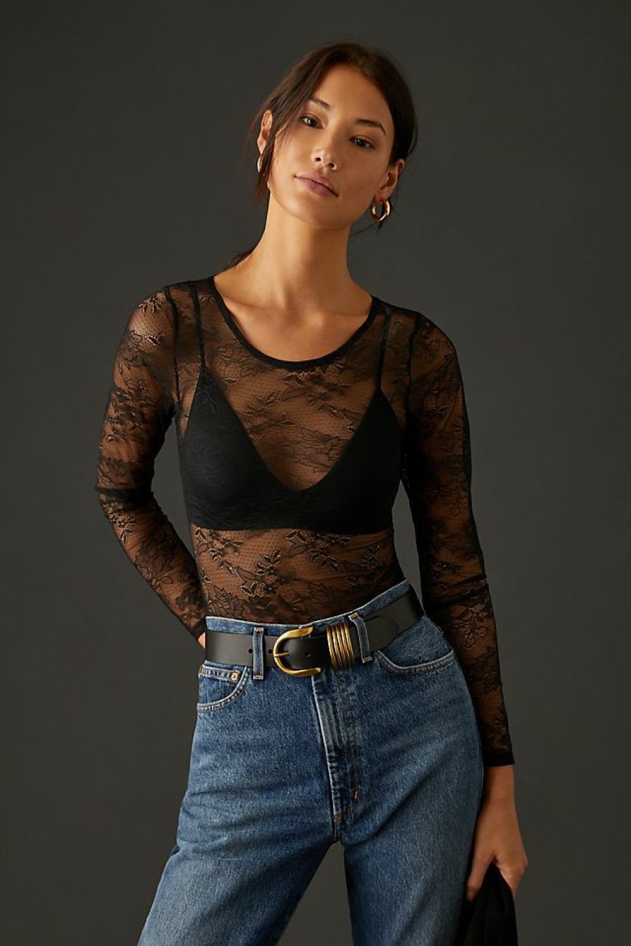 Intimates & Lingerie * | Hot Sale By Anthropologie Lace Bodysuit Black