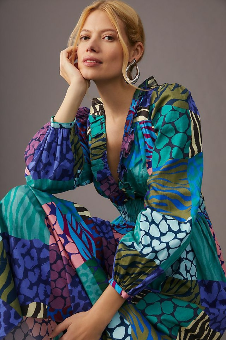 Getaway & Resort Wear * | Outlet Geisha Designs Long-Sleeve Printed Maxi Dress Blue Motif