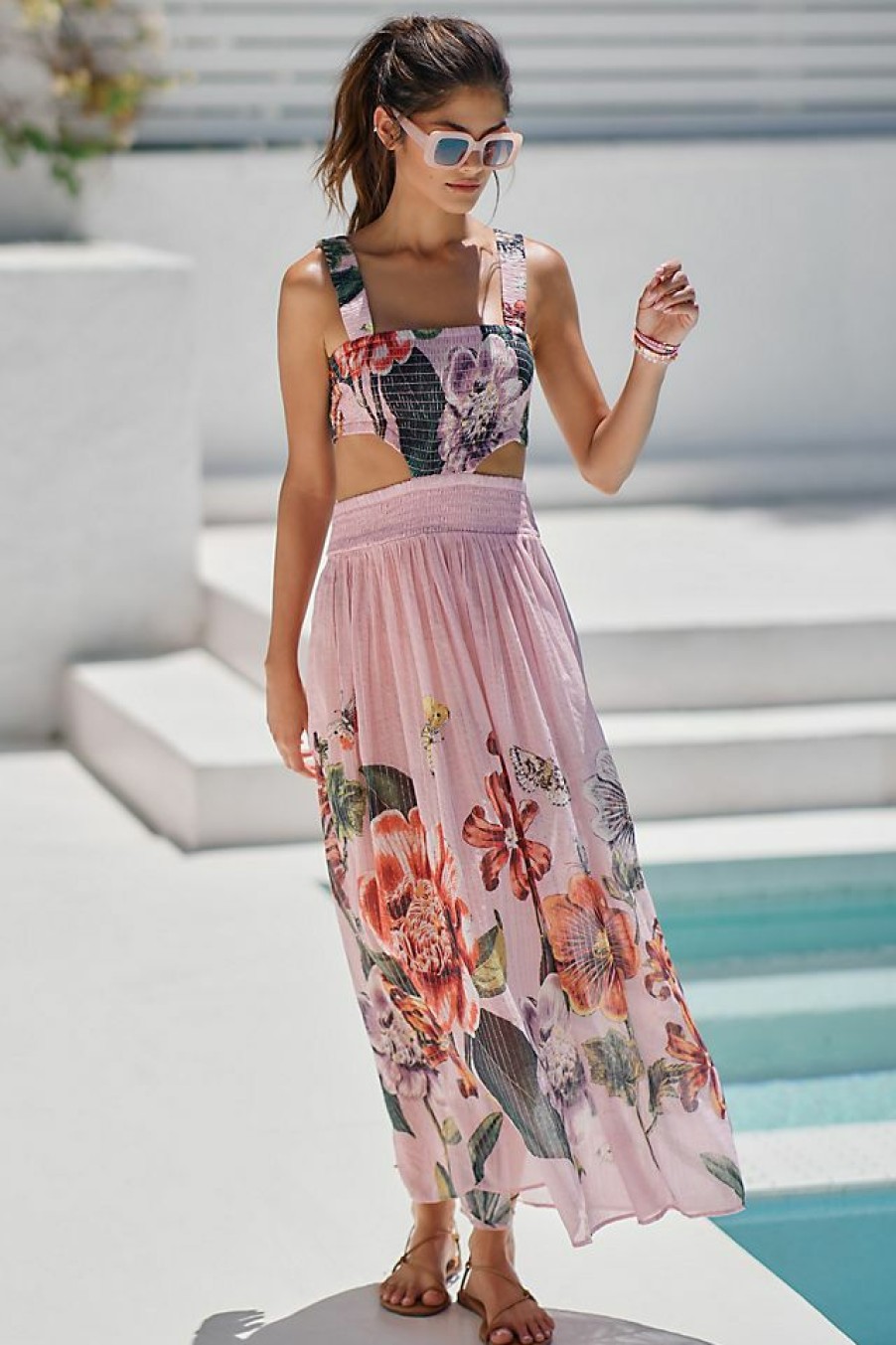 Getaway & Resort Wear * | Buy By Anthropologie Floral Cutout Maxi Dress Pink