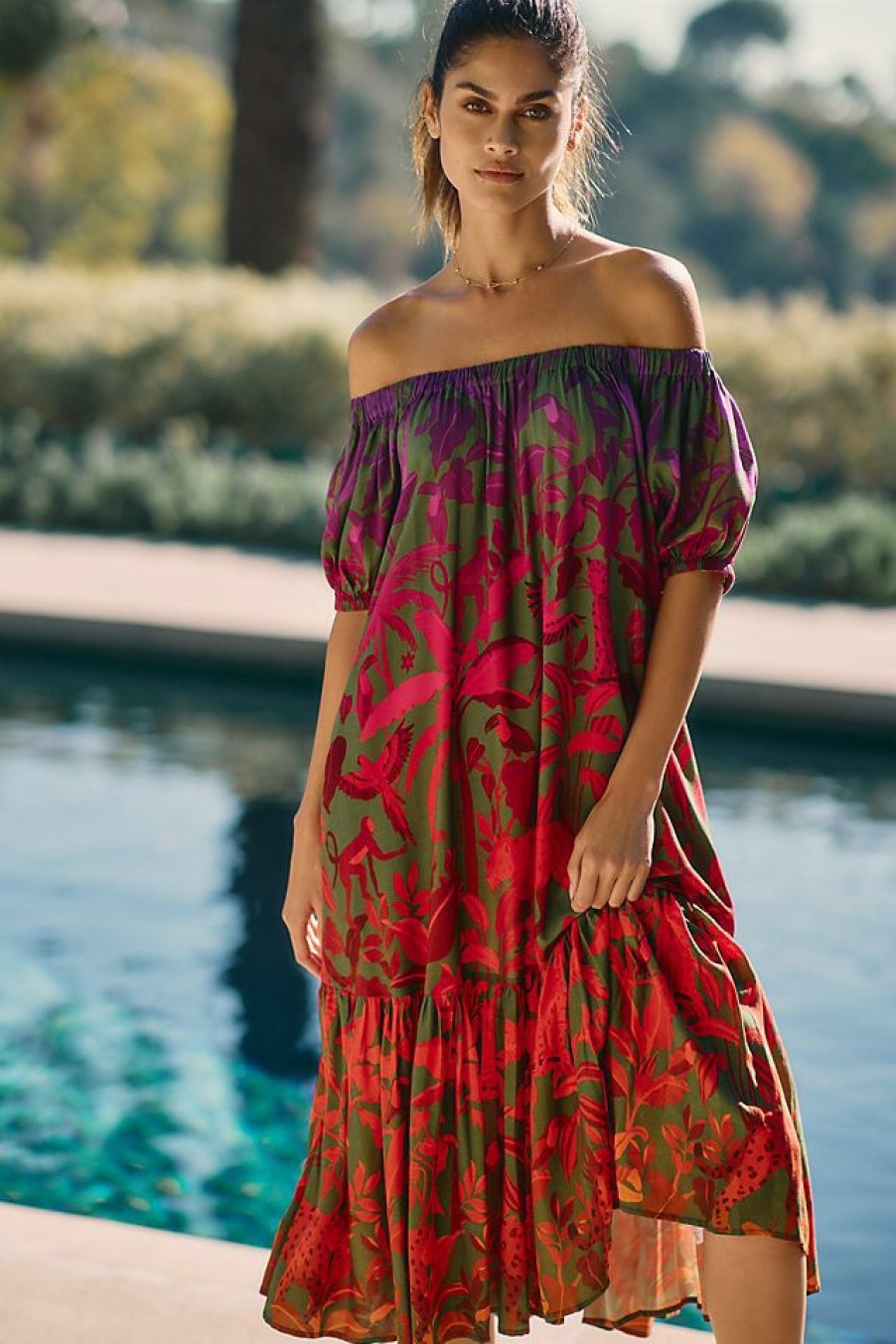 Getaway & Resort Wear * | Cheapest Farm Rio Off-The-Shoulder Cover-Up Dress Green Motif